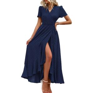 imagePRETTYGARDEN Womens Summer Maxi Dress Casual Wrap Floral Boho Short Sleeve V Neck Split Ruffle Beach Long DressesZnavy