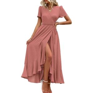 imagePRETTYGARDEN Womens Summer Maxi Dress Casual Wrap Floral Boho Short Sleeve V Neck Split Ruffle Beach Long DressesZpink