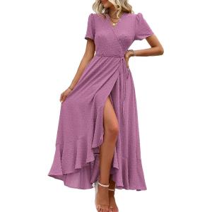 imagePRETTYGARDEN Womens Summer Maxi Dress Casual Wrap Floral Boho Short Sleeve V Neck Split Ruffle Beach Long DressesZpurple