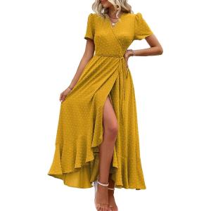 imagePRETTYGARDEN Womens Summer Maxi Dress Casual Wrap Floral Boho Short Sleeve V Neck Split Ruffle Beach Long DressesZturmeric