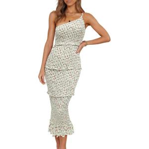 imagePRETTYGARDEN Womens Summer Midi Bodycon Dresses One Shoulder Strappy Tiered Ruffle Floral Boho Sun DressBeige Floral
