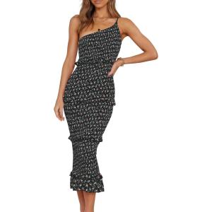 imagePRETTYGARDEN Womens Summer Midi Bodycon Dresses One Shoulder Strappy Tiered Ruffle Floral Boho Sun DressBlack Floral