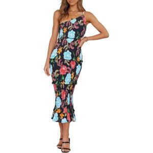 imagePRETTYGARDEN Womens Summer Midi Bodycon Dresses One Shoulder Strappy Tiered Ruffle Floral Boho Sun DressFloral Black Red