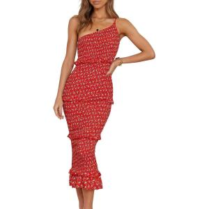imagePRETTYGARDEN Womens Summer Midi Bodycon Dresses One Shoulder Strappy Tiered Ruffle Floral Boho Sun DressRed Floral