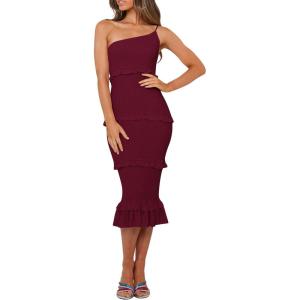 imagePRETTYGARDEN Womens Summer Midi Bodycon Dresses One Shoulder Strappy Tiered Ruffle Floral Boho Sun DressSolid Wine Red