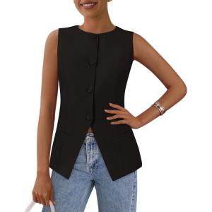 imagePRETTYGARDEN Womens Summer Suit Vest Tops 2025 Dressy Business Casual Sleeveless Button Down Trendy Fashion Blazer WaistcoatBlack