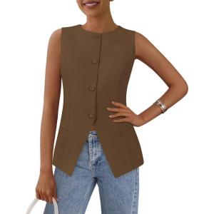 imagePRETTYGARDEN Womens Summer Suit Vest Tops 2025 Dressy Business Casual Sleeveless Button Down Trendy Fashion Blazer WaistcoatCoffee