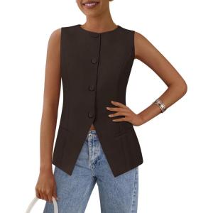imagePRETTYGARDEN Womens Summer Suit Vest Tops 2025 Dressy Business Casual Sleeveless Button Down Trendy Fashion Blazer WaistcoatDark Coffee