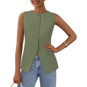 imagePRETTYGARDEN Womens Summer Suit Vest Tops 2025 Dressy Business Casual Sleeveless Button Down Trendy Fashion Blazer WaistcoatLight Green