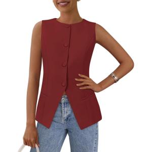imagePRETTYGARDEN Womens Summer Suit Vest Tops 2025 Dressy Business Casual Sleeveless Button Down Trendy Fashion Blazer WaistcoatOrange Red