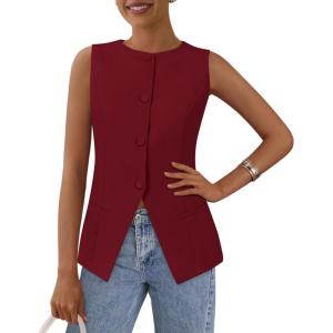 imagePRETTYGARDEN Womens Summer Suit Vest Tops 2025 Dressy Business Casual Sleeveless Button Down Trendy Fashion Blazer WaistcoatRed
