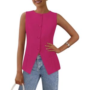 imagePRETTYGARDEN Womens Summer Suit Vest Tops 2025 Dressy Business Casual Sleeveless Button Down Trendy Fashion Blazer WaistcoatRose Red