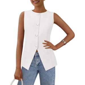 imagePRETTYGARDEN Womens Summer Suit Vest Tops 2025 Dressy Business Casual Sleeveless Button Down Trendy Fashion Blazer WaistcoatWhite
