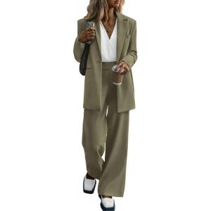 imagePRETTYGARDEN Womens Two Piece Outfits Dressy Blazer Jacket Wide Leg Pants 2025 Fall Business Casual Office Work Suit SetsArmy Green