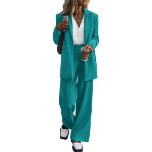 imagePRETTYGARDEN Womens Two Piece Outfits Dressy Blazer Jacket Wide Leg Pants 2025 Fall Business Casual Office Work Suit SetsBlue Green