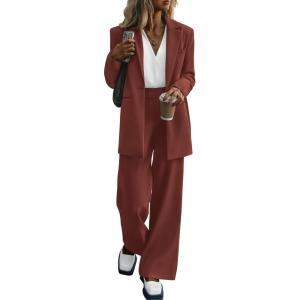 imagePRETTYGARDEN Womens Two Piece Outfits Dressy Blazer Jacket Wide Leg Pants 2025 Fall Business Casual Office Work Suit SetsBrown Red