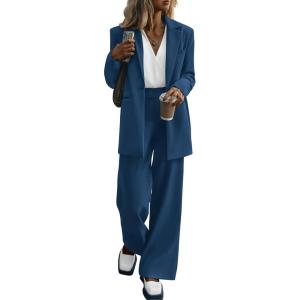 imagePRETTYGARDEN Womens Two Piece Outfits Dressy Blazer Jacket Wide Leg Pants 2025 Fall Business Casual Office Work Suit SetsDark Blue