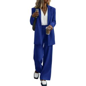 imagePRETTYGARDEN Womens Two Piece Outfits Dressy Blazer Jacket Wide Leg Pants 2025 Fall Business Casual Office Work Suit SetsRoyal Blue