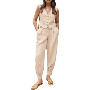 imagePRETTYGARDEN Womens Two Piece Outfits Summer V Neck Button Front Cropped Tank Tops Vest Pockets Pants Cotton Matching SetsBeige