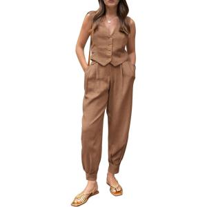 imagePRETTYGARDEN Womens Two Piece Outfits Summer V Neck Button Front Cropped Tank Tops Vest Pockets Pants Cotton Matching SetsBrown