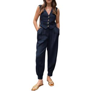 imagePRETTYGARDEN Womens Two Piece Outfits Summer V Neck Button Front Cropped Tank Tops Vest Pockets Pants Cotton Matching SetsDark Blue