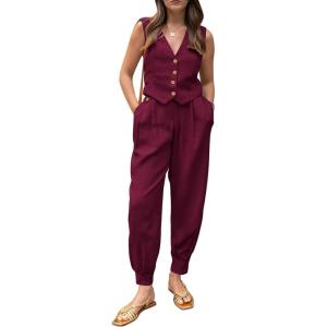 imagePRETTYGARDEN Womens Two Piece Outfits Summer V Neck Button Front Cropped Tank Tops Vest Pockets Pants Cotton Matching SetsDark Red