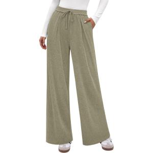 imagePRETTYGARDEN Womens Wide Leg Pants 2025 Fall Elastic High Waisted Knit Casual Lounge Palazzo Pant Trousers with PocketsGreen