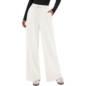 imagePRETTYGARDEN Womens Wide Leg Pants 2025 Fall Elastic High Waisted Knit Casual Lounge Palazzo Pant Trousers with PocketsWhite