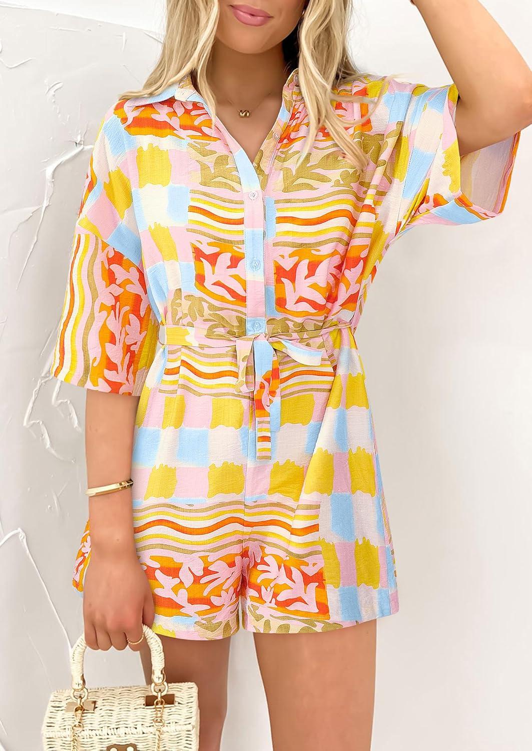 imagePRETTYGARDEN Womens Rompers for Summer 2025 Beach Vacation Clothes Short Sleeves Floral Jumpsuits Beach Cover UpMulticolored Flower