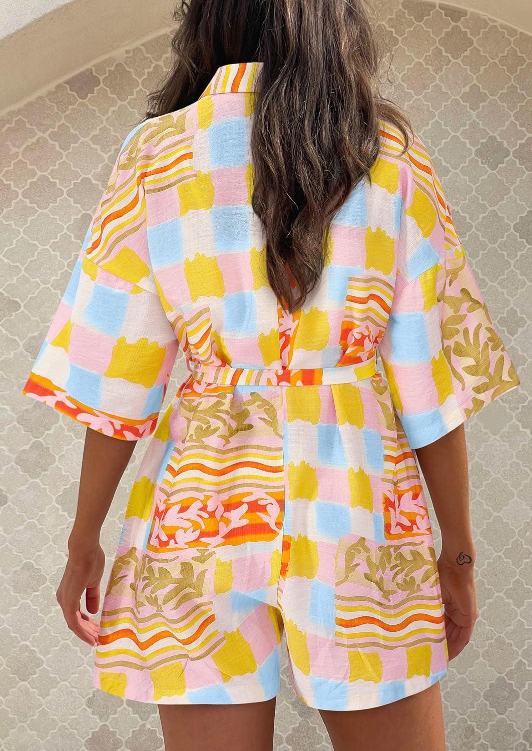 imagePRETTYGARDEN Womens Rompers for Summer 2025 Beach Vacation Clothes Short Sleeves Floral Jumpsuits Beach Cover UpMulticolored Flower