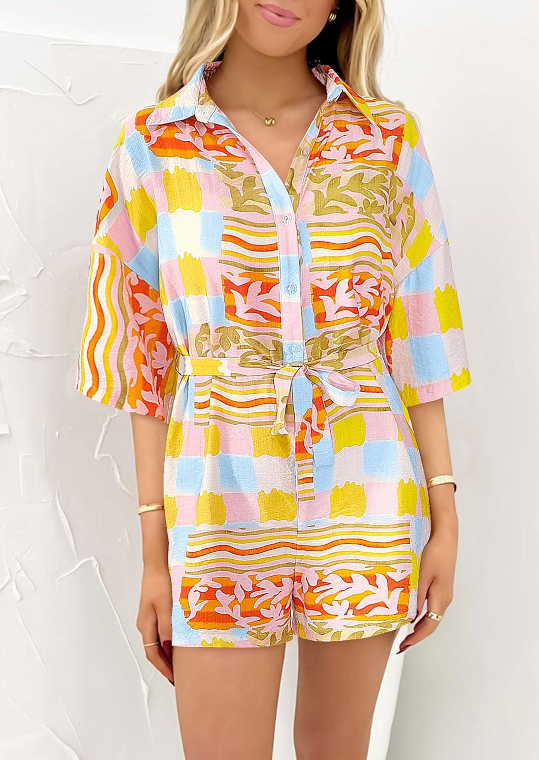 imagePRETTYGARDEN Womens Rompers for Summer 2025 Beach Vacation Clothes Short Sleeves Floral Jumpsuits Beach Cover UpMulticolored Flower