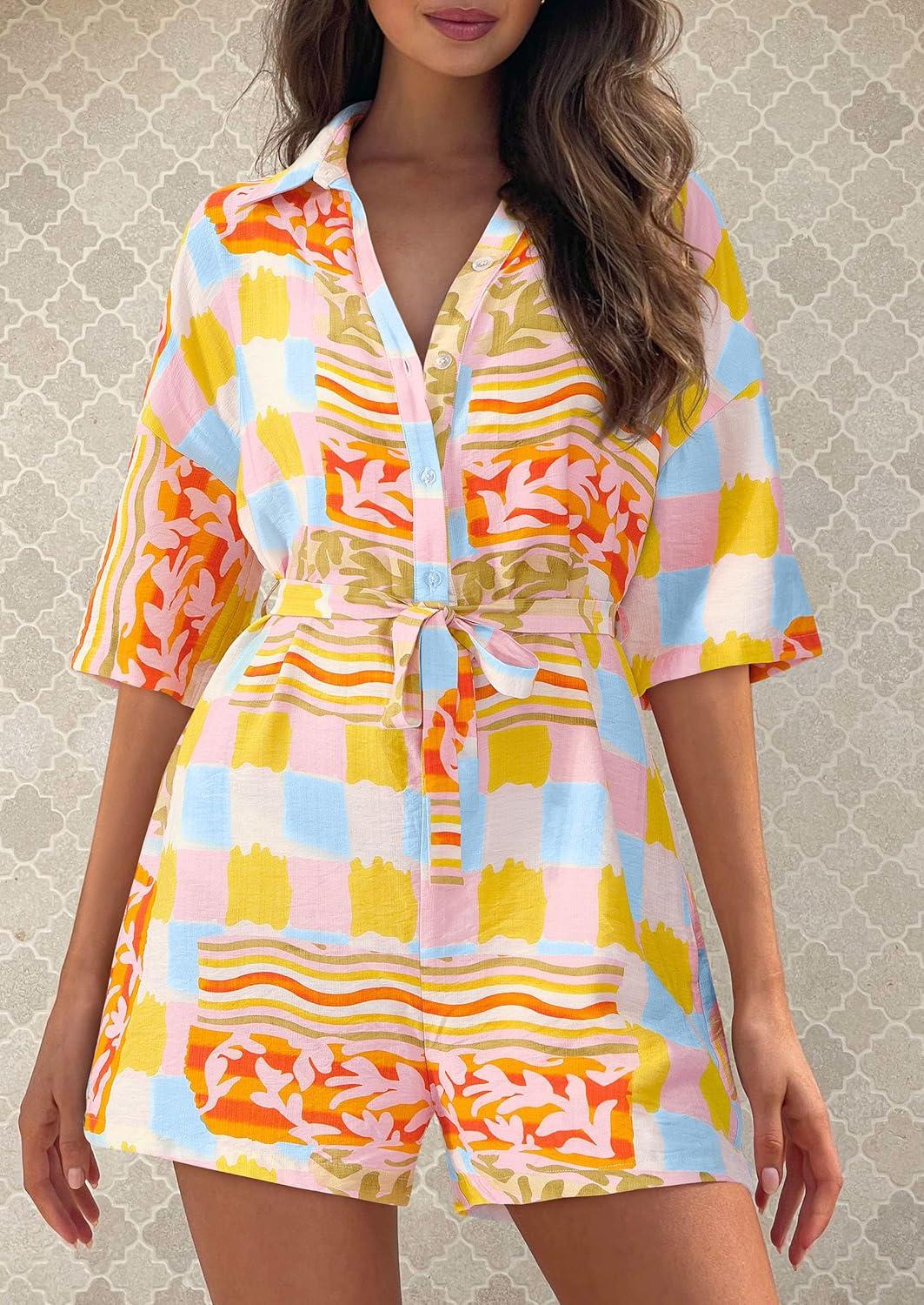 imagePRETTYGARDEN Womens Rompers for Summer 2025 Beach Vacation Clothes Short Sleeves Floral Jumpsuits Beach Cover UpMulticolored Flower