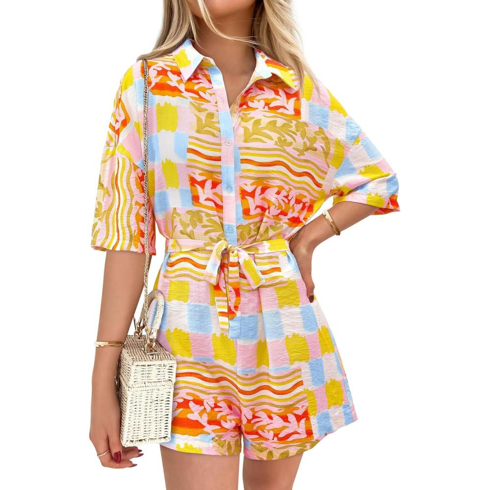 imagePRETTYGARDEN Womens Rompers for Summer 2025 Beach Vacation Clothes Short Sleeves Floral Jumpsuits Beach Cover UpMulticolored Flower