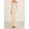 imagePRETTYGARDEN Fall Dresses for Women 2025 Elegant Off The Shoulder Long Sleeve Formal Wedding Guest Bodycon Maxi DressApricot