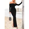imagePRETTYGARDEN Womens 2025 Fall Sweater Dress Long Sleeve Off Shoulder Slit Maxi Bodycon Cocktail Party DressesBlack