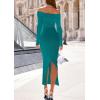 imagePRETTYGARDEN Womens 2025 Fall Sweater Dress Long Sleeve Off Shoulder Slit Maxi Bodycon Cocktail Party DressesDark Cyan