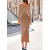 imagePRETTYGARDEN Womens 2025 Fall Sweater Dress Long Sleeve Off Shoulder Slit Maxi Bodycon Cocktail Party DressesKhaki