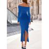 imagePRETTYGARDEN Womens 2025 Fall Sweater Dress Long Sleeve Off Shoulder Slit Maxi Bodycon Cocktail Party DressesRoyal Blue