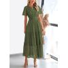 imagePRETTYGARDEN Womens 2025 Summer Maxi Dress Short Sleeve V Neck Hollow Out Eyelet A Line Long Flowy Beach Vacation DressesArmy Green