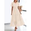 imagePRETTYGARDEN Womens 2025 Summer Maxi Dress Short Sleeve V Neck Hollow Out Eyelet A Line Long Flowy Beach Vacation DressesBeige