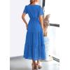 imagePRETTYGARDEN Womens 2025 Summer Maxi Dress Short Sleeve V Neck Hollow Out Eyelet A Line Long Flowy Beach Vacation DressesBlue