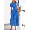 imagePRETTYGARDEN Womens 2025 Summer Maxi Dress Short Sleeve V Neck Hollow Out Eyelet A Line Long Flowy Beach Vacation DressesBlue