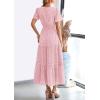 imagePRETTYGARDEN Womens 2025 Summer Maxi Dress Short Sleeve V Neck Hollow Out Eyelet A Line Long Flowy Beach Vacation DressesPink