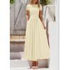 imagePRETTYGARDEN Womens Casual Dresses 2025 Summer Short Sleeve Ruched Patchwork A Line Pleated Swing Maxi Dress with PocketsBeige