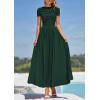 imagePRETTYGARDEN Womens Casual Dresses 2025 Summer Short Sleeve Ruched Patchwork A Line Pleated Swing Maxi Dress with PocketsDark Green