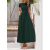 imagePRETTYGARDEN Womens Casual Dresses 2025 Summer Short Sleeve Ruched Patchwork A Line Pleated Swing Maxi Dress with PocketsDark Green