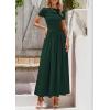 imagePRETTYGARDEN Womens Casual Dresses 2025 Summer Short Sleeve Ruched Patchwork A Line Pleated Swing Maxi Dress with PocketsDark Green