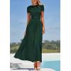 imagePRETTYGARDEN Womens Casual Dresses 2025 Summer Short Sleeve Ruched Patchwork A Line Pleated Swing Maxi Dress with PocketsDark Green
