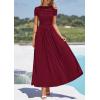 imagePRETTYGARDEN Womens Casual Dresses 2025 Summer Short Sleeve Ruched Patchwork A Line Pleated Swing Maxi Dress with PocketsWine Red