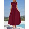 imagePRETTYGARDEN Womens Casual Dresses 2025 Summer Short Sleeve Ruched Patchwork A Line Pleated Swing Maxi Dress with PocketsWine Red